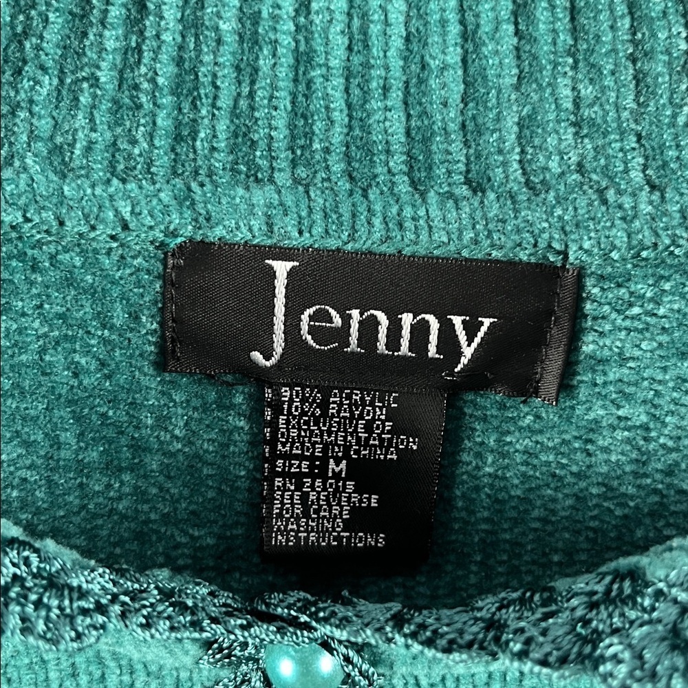 Jenny Women’s Small Dark Green Sweater Crochet Trim Beaded Button Front Floral M - Picture 3 of 8